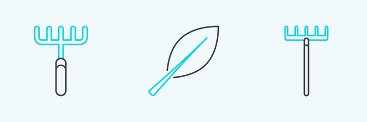 Set line Garden rake, and Leaf icon. Vector
