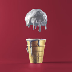 Metal melting ball of ice cream flew out of a waffle cup on a red background.