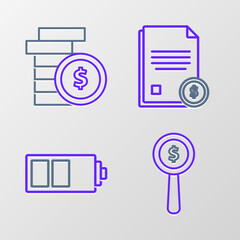 Set line Magnifying glass and dollar symbol, Battery charge level indicator, Finance document and Coin money with icon. Vector