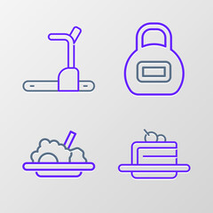 Set line Cake, Healthy food, Kettlebell and Treadmill machine icon. Vector
