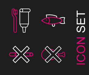 Set line No meat, Smoking, Fish and Toothbrush and toothpaste icon. Vector