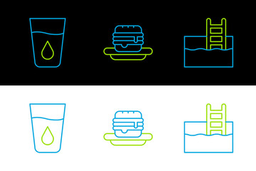 Set line Swimming pool with ladder, Glass water and Junk food icon. Vector