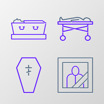 Set line Mourning photo frame, Coffin with cross, Dead body the morgue and dead icon. Vector