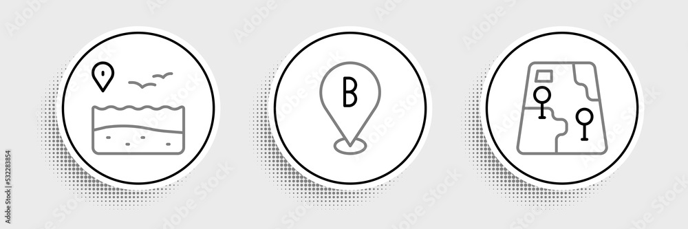 Poster set line city map navigation, location with beach and icon. vector