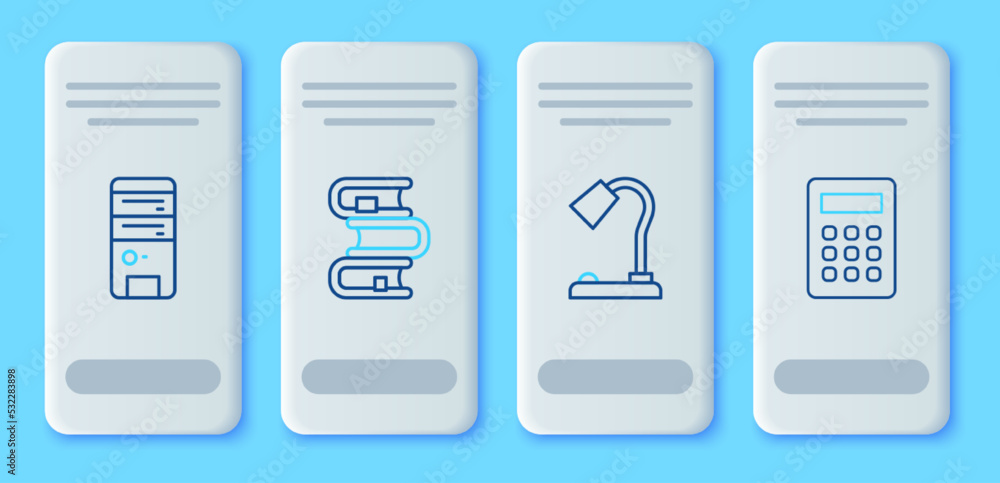Poster set line book, table lamp, computer and calculator icon. vector