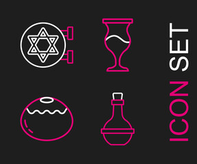 Set line Jewish wine bottle, sweet bakery, goblet and synagogue icon. Vector