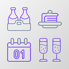 Set line Glass of champagne, Calendar, Cake and Champagne bottle icon. Vector