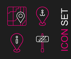 Set line Road traffic sign, Location with information, anchor and City map navigation icon. Vector