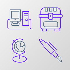 Set line Fountain pen nib, Earth globe, Antique treasure chest and Monitor with keyboard icon. Vector