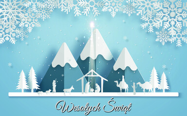 carte ou bannière sur Joyeux Noël représentée par une crèche avec des animaux, trois sages sur fond blanc et bleu avec des montagnes et des flocons de neige - obrazy, fototapety, plakaty