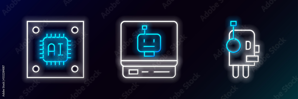 Poster Set line Robot, Processor with microcircuits CPU and icon. Glowing neon. Vector