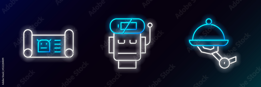 Poster set line waiter robot, robot blueprint and low battery charge icon. glowing neon. vector