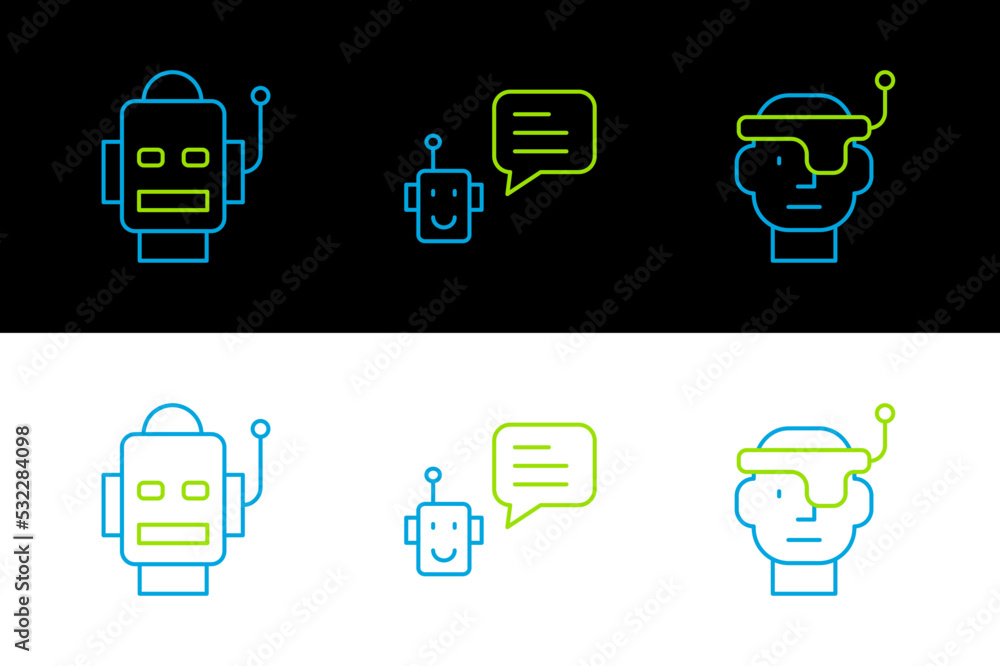 Poster set line smart glasses, robot and bot icon. vector