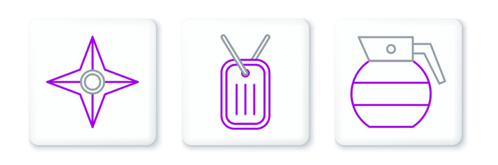 Set line Hand grenade, Japanese ninja shuriken and Military dog tag icon. Vector