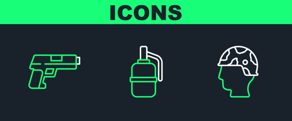 Set line Army soldier, Pistol or gun and Hand grenade icon. Vector