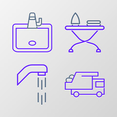 Set line Garbage truck, Shower head, Iron and ironing board and Washbasin icon. Vector