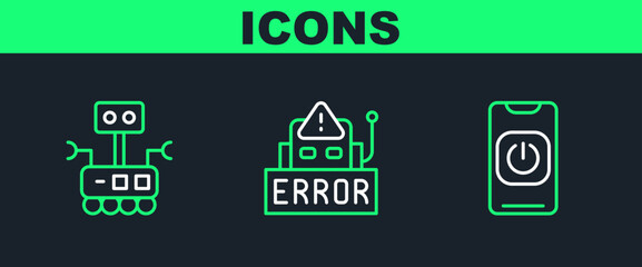 Set line Turn off robot from phone, Robot and Error in icon. Vector