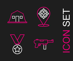 Set line Submachine gun M3, Military reward medal, Target sport and barracks icon. Vector
