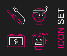 Set line Broken robot, Battery, Smart glasses and Soldering iron icon. Vector