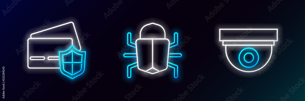 Poster set line security camera, credit card with shield and system bug icon. glowing neon. vector