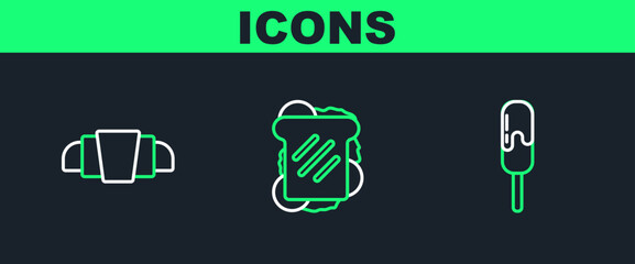 Set line Ice cream, Croissant and Sandwich icon. Vector