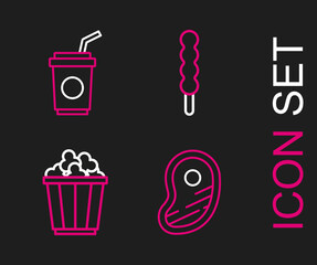 Set line Steak meat, Popcorn in box, Lollipop and Paper glass with straw icon. Vector