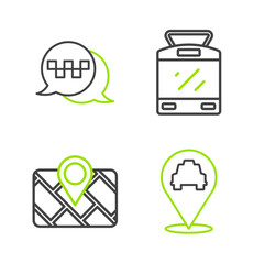 Set line Location with taxi, Gps device map, Tram and railway and Taxi call telephone service icon. Vector