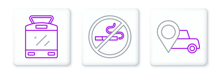 Set line Location with taxi, Tram and railway and No Smoking icon. Vector
