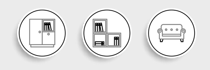 Set line Sofa, Wardrobe and Shelf with books icon. Vector