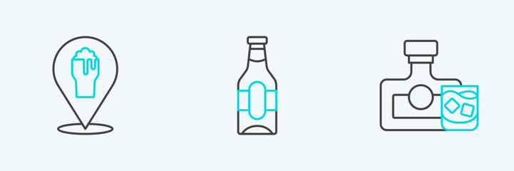 Set line Whiskey bottle and glass, Alcohol or beer bar location and Beer icon. Vector