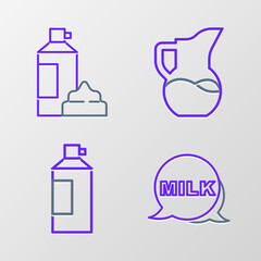 Set line Lettering milk, Whipped cream bottle, Milk jug or pitcher and icon. Vector