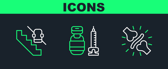 Set line Joint pain, knee pain, Disabled elevator and Syringe icon. Vector