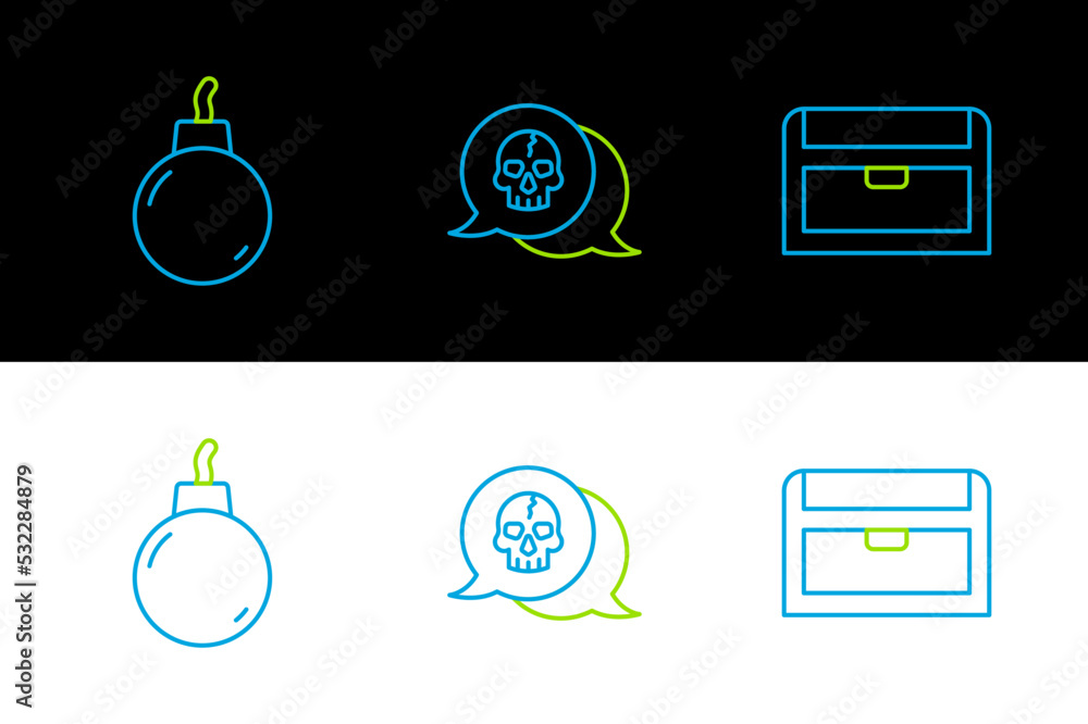 Sticker Set line Antique treasure chest, Bomb ready to explode and Skull icon. Vector