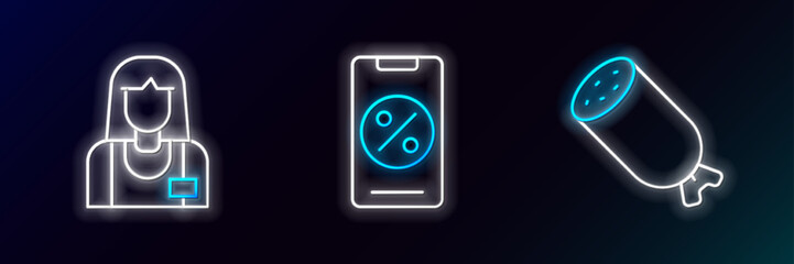 Set line Salami sausage, Seller and Percent discount and mobile icon. Glowing neon. Vector