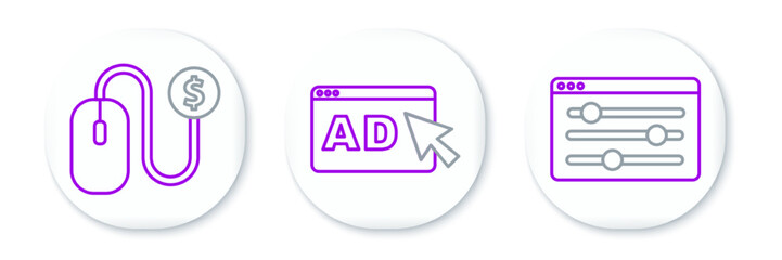 Set line Browser setting, Advertising and icon. Vector