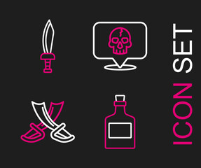 Set line Alcohol drink Rum, Crossed pirate swords, Skull and Pirate icon. Vector