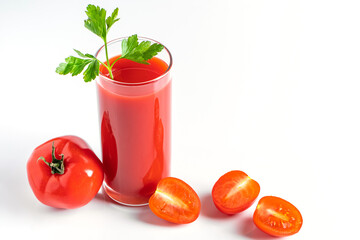 Glass with tomato juice on white background.
