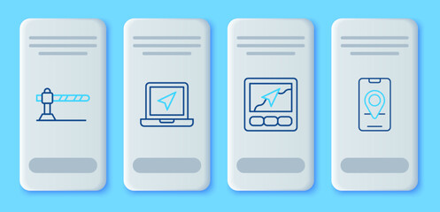 Set line Laptop with location marker, Gps device map, Parking car barrier and City navigation icon. Vector