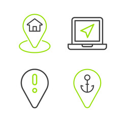 Set line Location with anchor, exclamation mark, Laptop location marker and house icon. Vector
