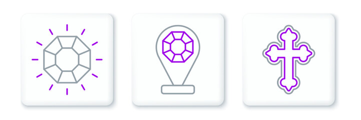 Set line Christian cross, Diamond and Jewelry store icon. Vector