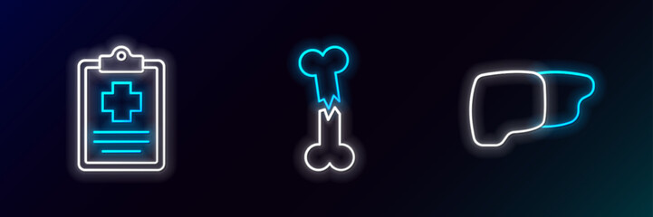 Set line Human organ liver, Patient record and broken bone icon. Glowing neon. Vector