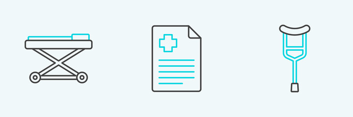 Set line Crutch or crutches, Stretcher and Patient record icon. Vector