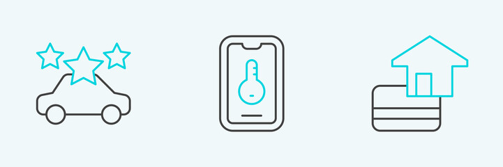 Set line Credit card, Car sharing and Online real estate icon. Vector