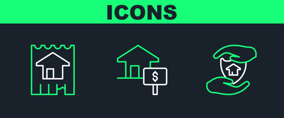 Set line House with shield, and dollar icon. Vector