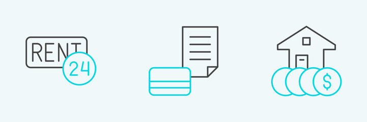 Set line House with dollar, Rent and Credit card icon. Vector