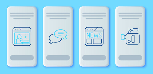 Set line Speech bubble chat, News, Information and Cinema camera icon. Vector