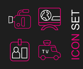 Set line TV News car, Journalist id card, Breaking news and Cinema camera icon. Vector