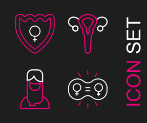 Set line Gender equality, Muslim woman in hijab, Female reproductive system and shield, icon. Vector
