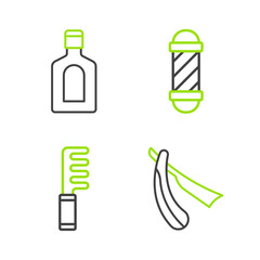 Set line Straight razor, Hairbrush, Classic Barber shop pole and Bottle of shampoo icon. Vector