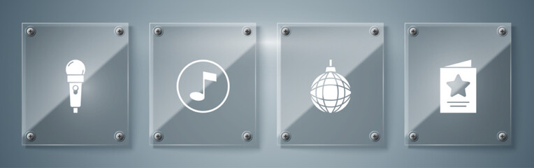 Set Greeting card, Disco ball, Music note, tone and Microphone. Square glass panels. Vector